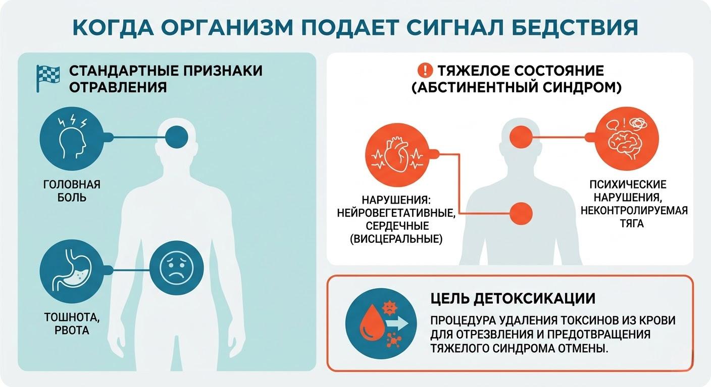 Инфографика признаков алкогольной интоксикации и абстинентного синдрома: головная боль, тошнота, нарушения работы сердца и психики
